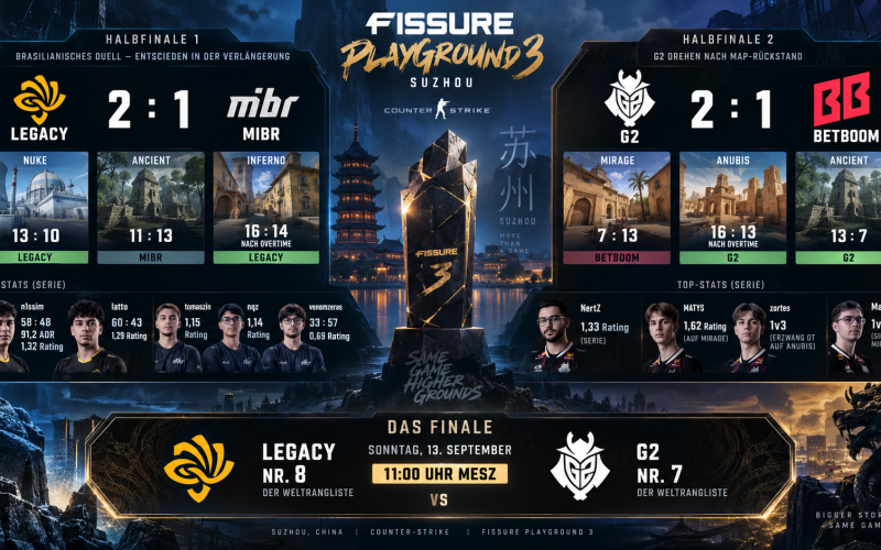 FISSURE Playground 3: Das Finale steht – Legacy überstehen MIBR in der Verlängerung, G2 drehen BETBOOM – am Sonntag trifft die Nr. 8 der Welt auf die Nr. 7
