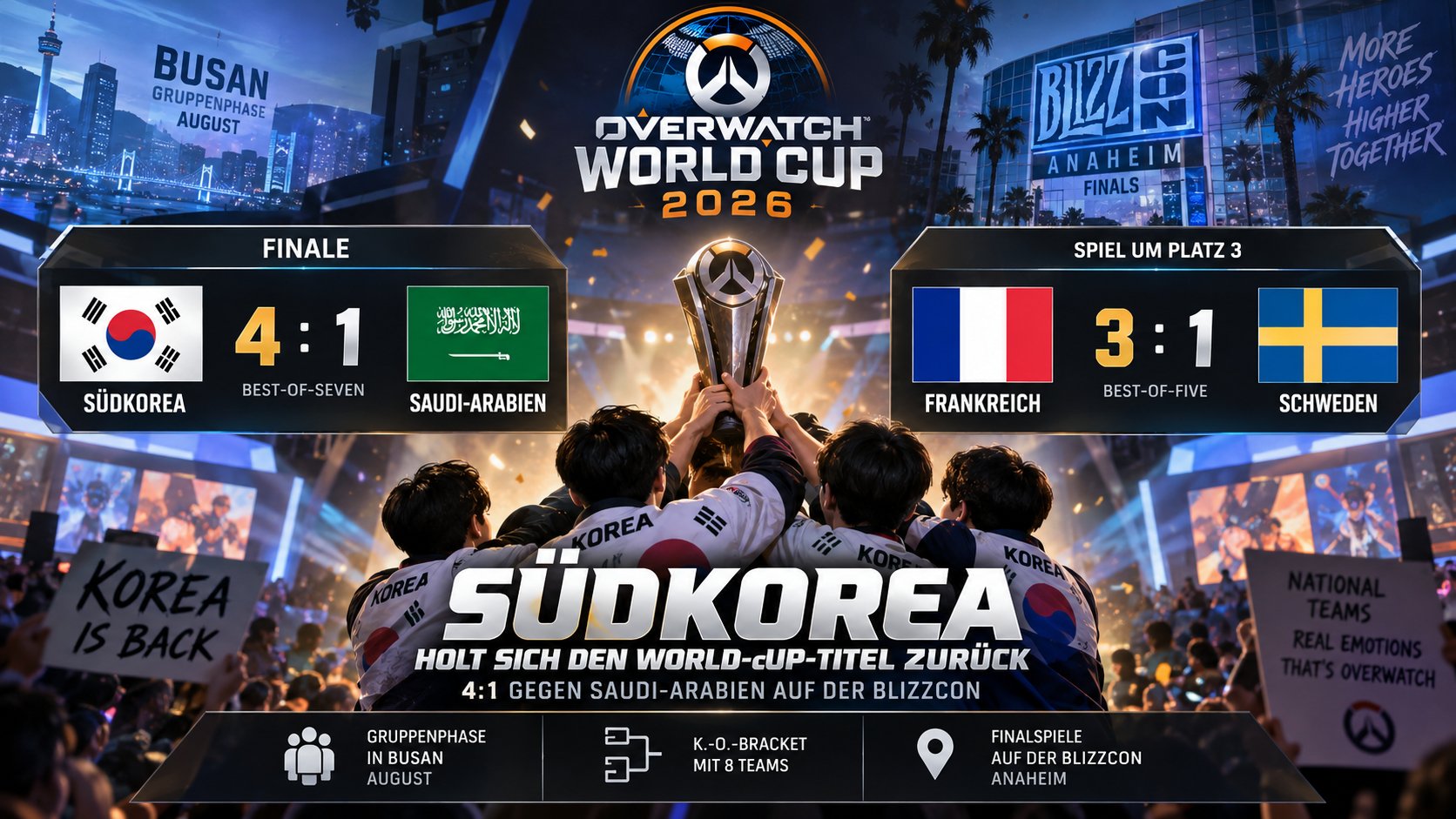 Overwatch World Cup 2026: Südkorea besiegt Saudi-Arabien 4:1 im Finale, Frankreich holt Bronze mit 3:1 gegen Schweden
